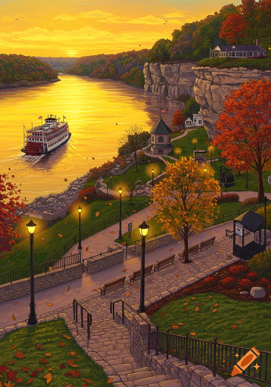 A vibrant, painterly autumn landscape overlooking a wide golden river with a steamboat, steep cliffs, and a winding park path at sunset.