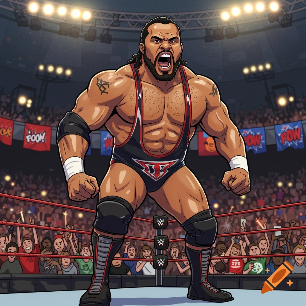 A muscular male wrestler in a black and red singlet, yelling and posing aggressively in a wrestling ring filled with cheering fans, in a cartoon style.