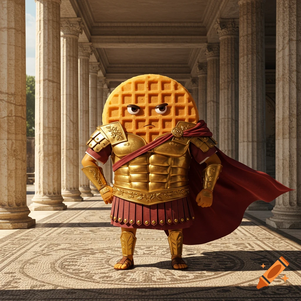A serious waffle character in golden Roman armor and a red cape stands in a classical colonnade.
