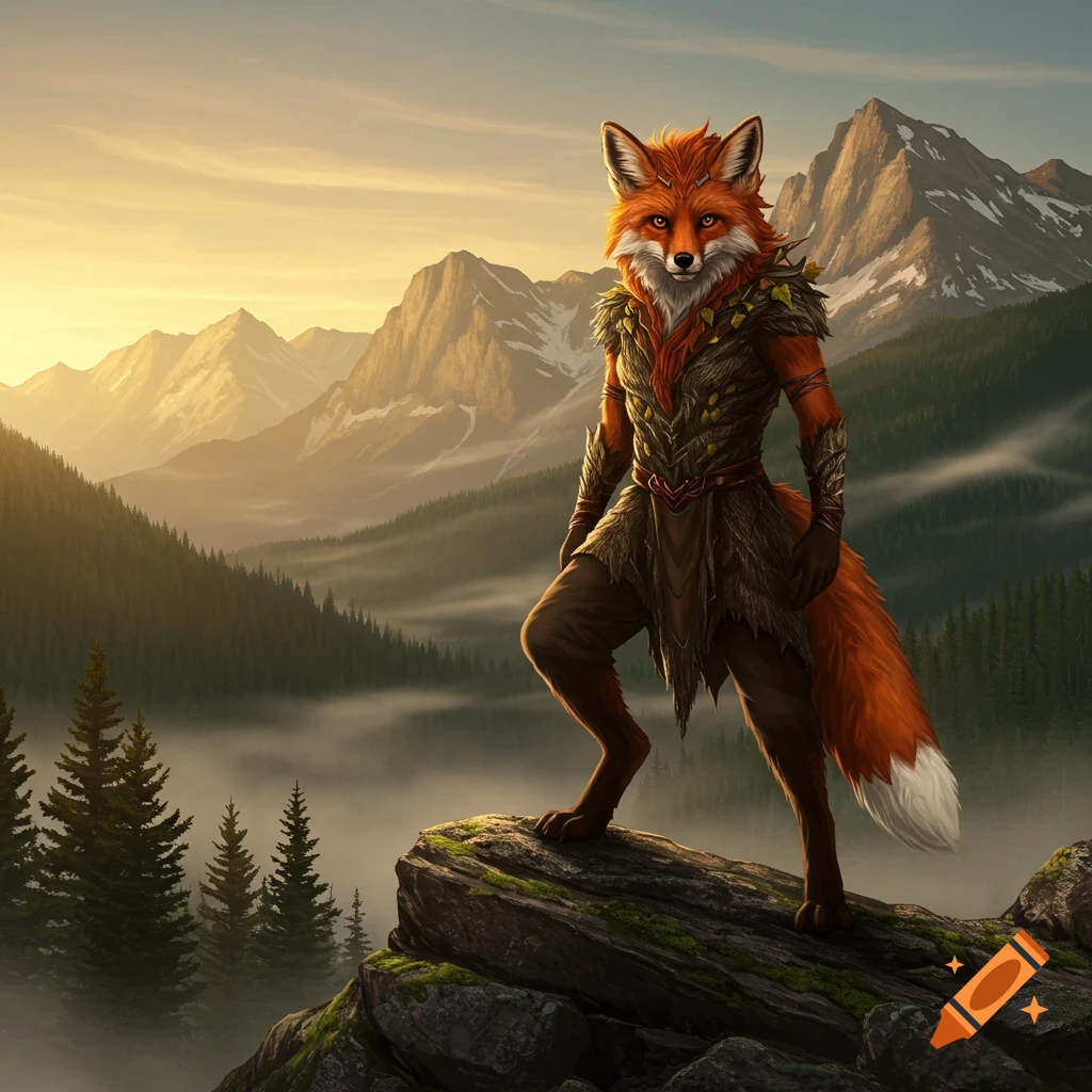 An anthropomorphic fox person with orange fur and a leafy costume stands on a rocky peak, overlooking a misty mountain valley at sunrise.