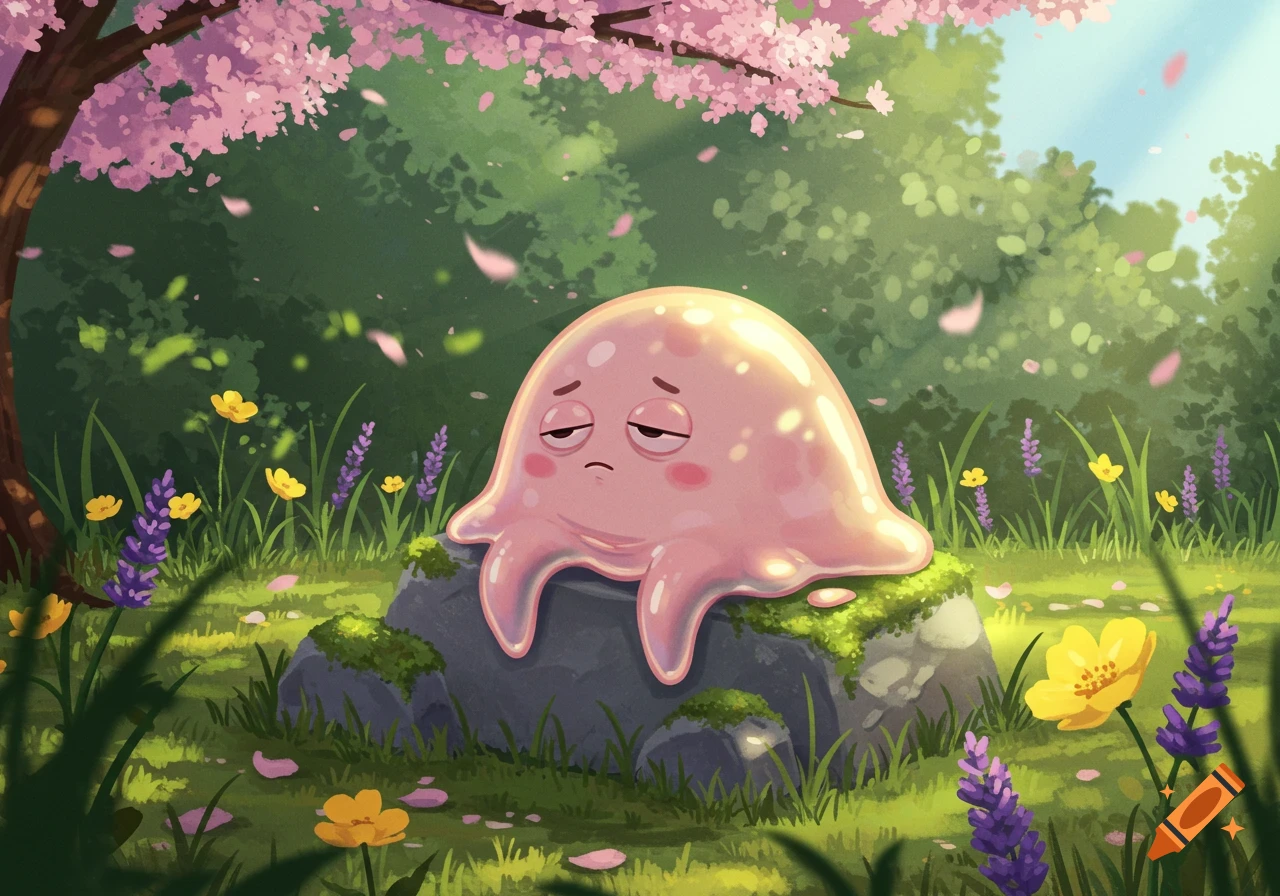 An illustrated, bored pink blob rests on a mossy rock under a cherry blossom tree in a sunlit forest clearing with wildflowers.