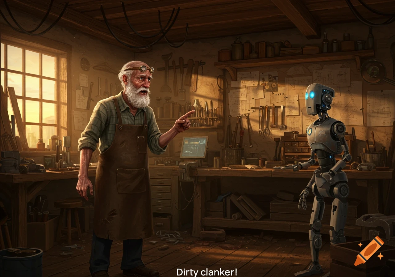 An old man with a white beard and goggles points angrily at a robot in a rustic workshop. Text reads 'Dirty clanker!'