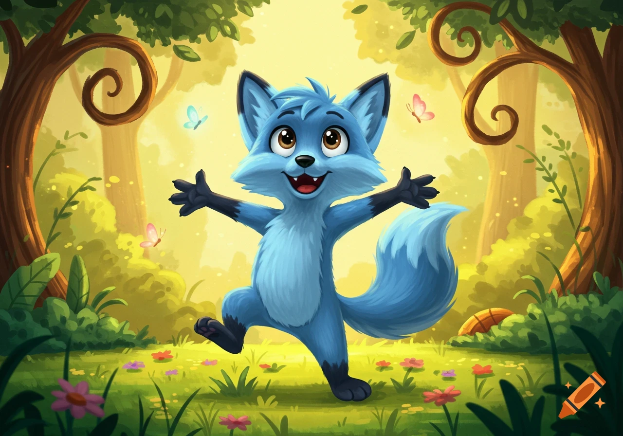 A blue cartoon fox with outstretched arms looks excited in a vibrant, sunlit forest with flowers and butterflies.