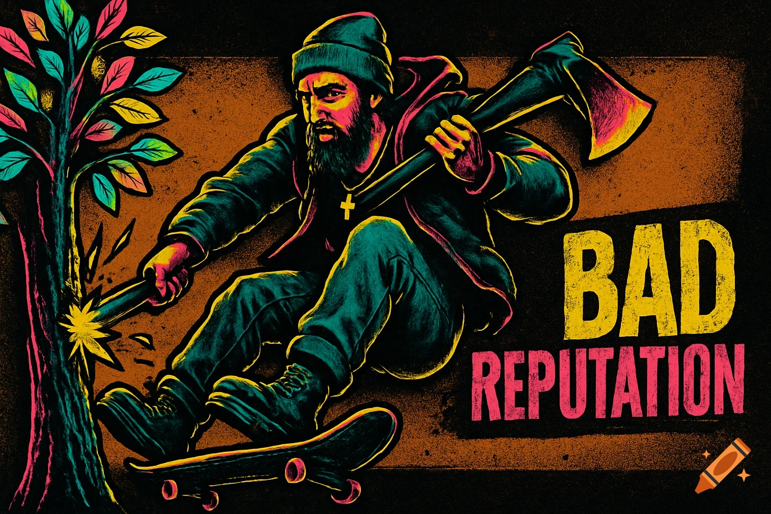 A vibrant digital illustration of a bearded man on a skateboard, swinging an axe at a tree, with 'BAD REPUTATION' text.