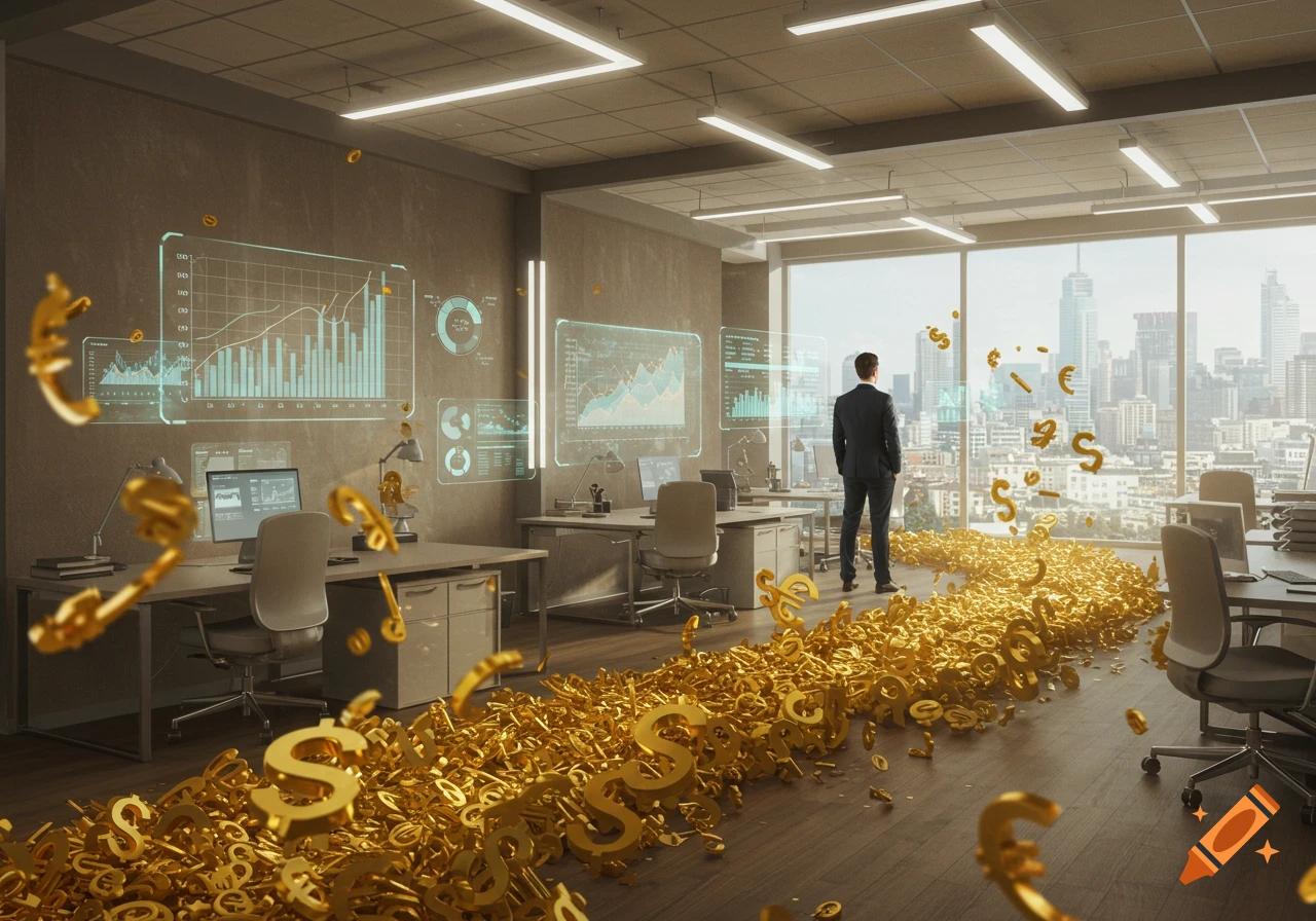 A man in a suit stands in a modern office looking out at a city skyline, surrounded by a flood of golden dollar and euro symbols. Holographic financial charts are displayed on the walls.