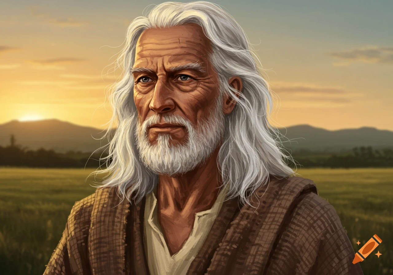 A digital painting of a wise old man with long white hair and a beard, set against a sunset landscape.