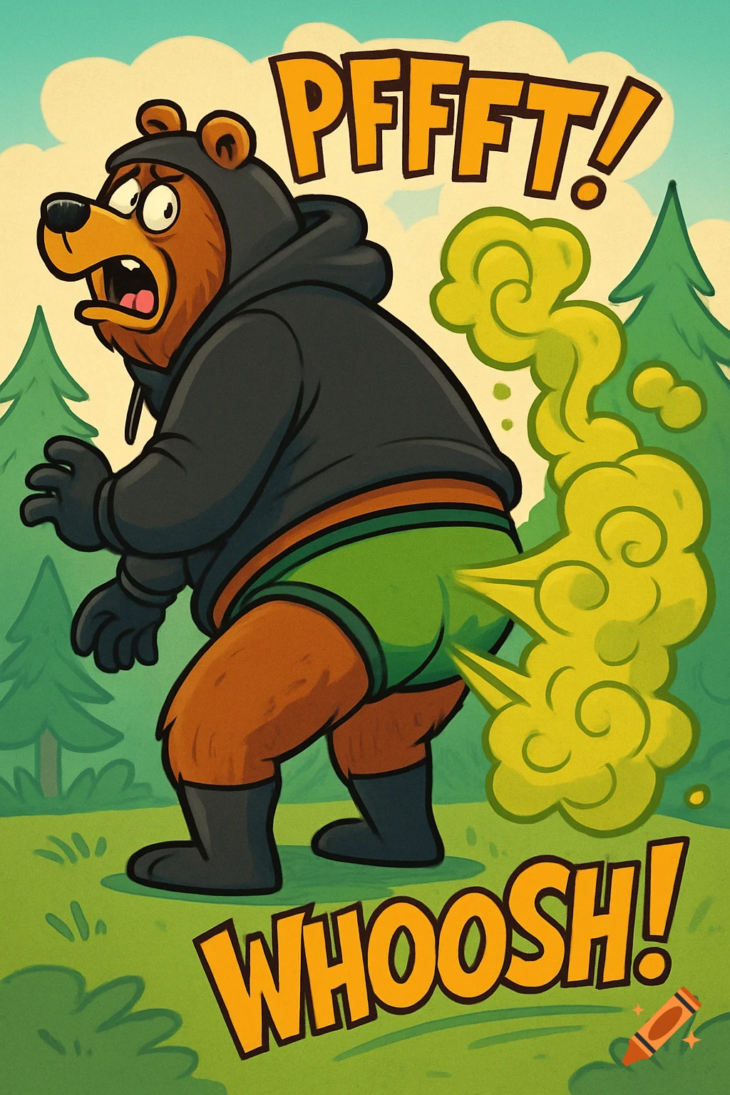 Cartoon bear in a hoodie and briefs farting yellow fumes with onomatopoeia "PFFFT!" and "WHOOSH!" in a forest.