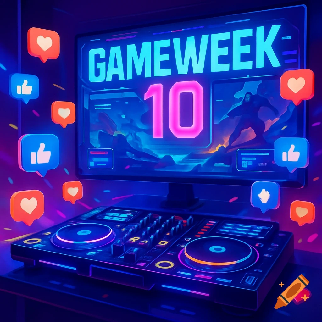 A neon-lit scene with a DJ mixer in the foreground and a monitor displaying "GAMEWEEK 10" surrounded by floating heart and thumbs-up icons.