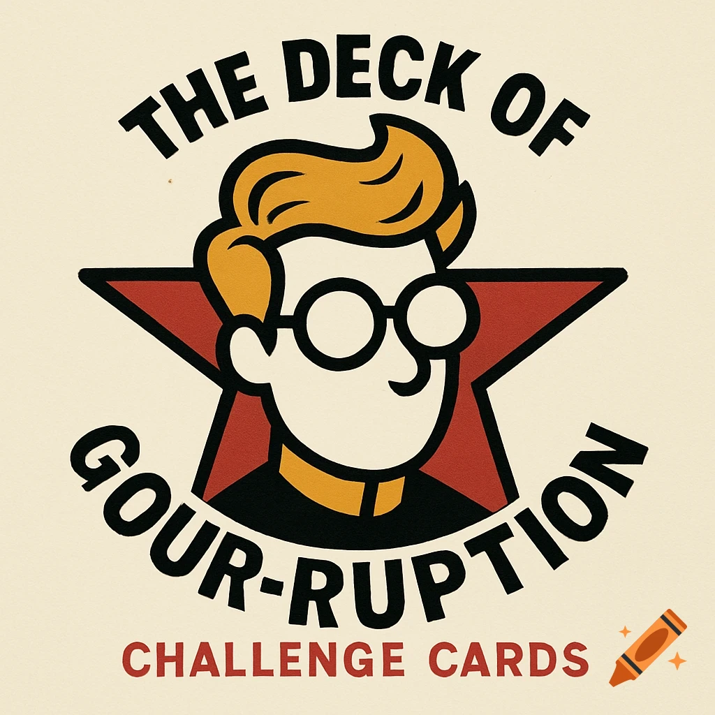 A cartoon logo featuring a character with a quiff and glasses on a red star background, with text 'The Deck of Gour-ruption Challenge Cards'.