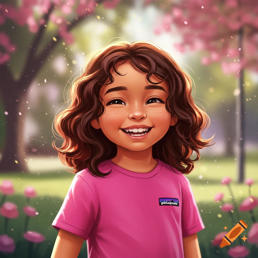 A smiling cartoon child with curly brown hair and freckles wears a pink t-shirt, standing in a sunny park with blooming pink trees.