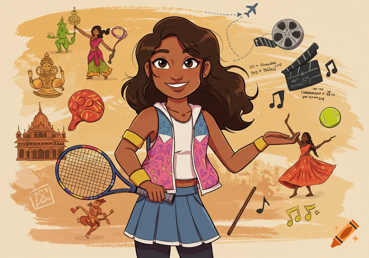 A smiling cartoon girl in a tennis outfit, surrounded by icons representing her interests like a temple, tennis racket, film reel, airplane, dancing figures, and musical notes.