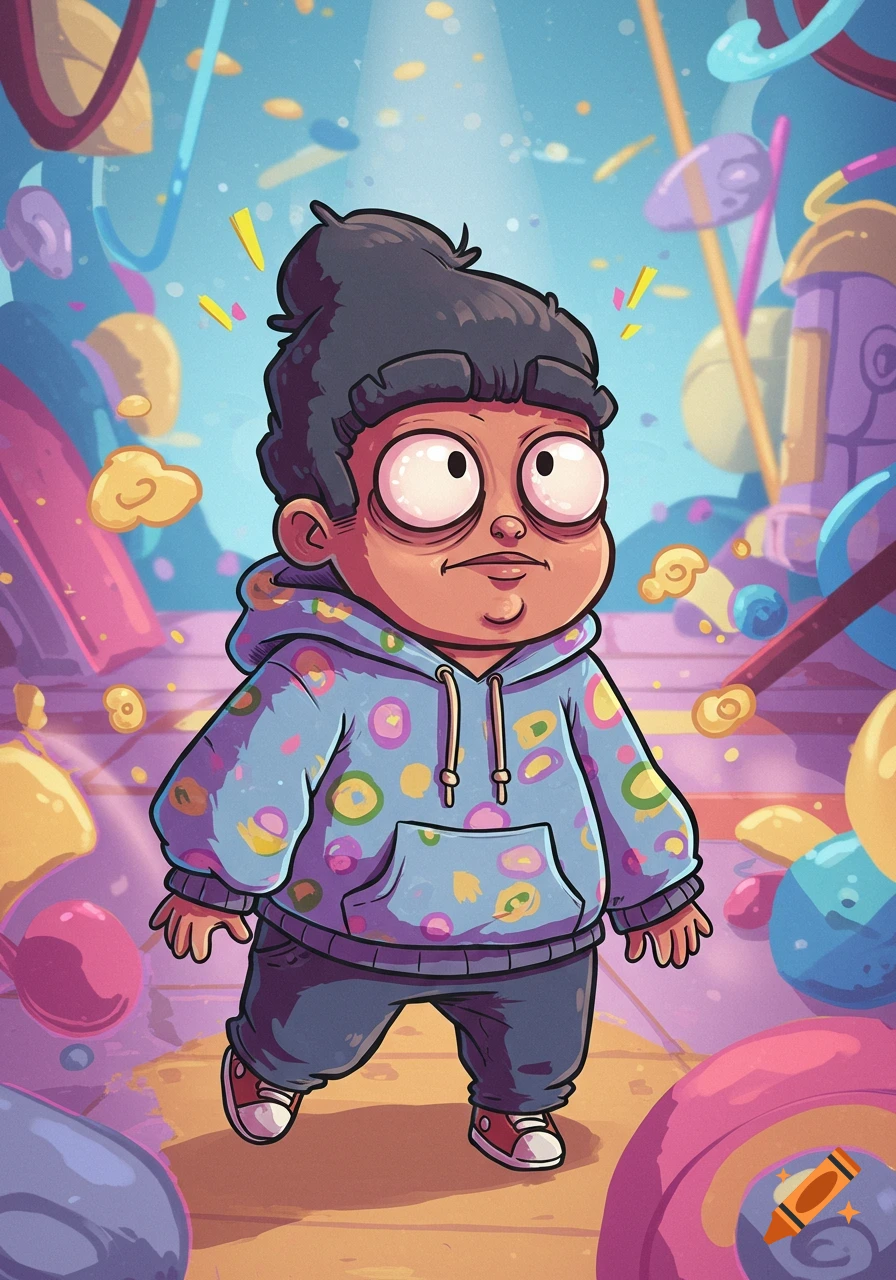 Cartoon character with big eyes in a colorful patterned hoodie standing in a vibrant, whimsical setting.