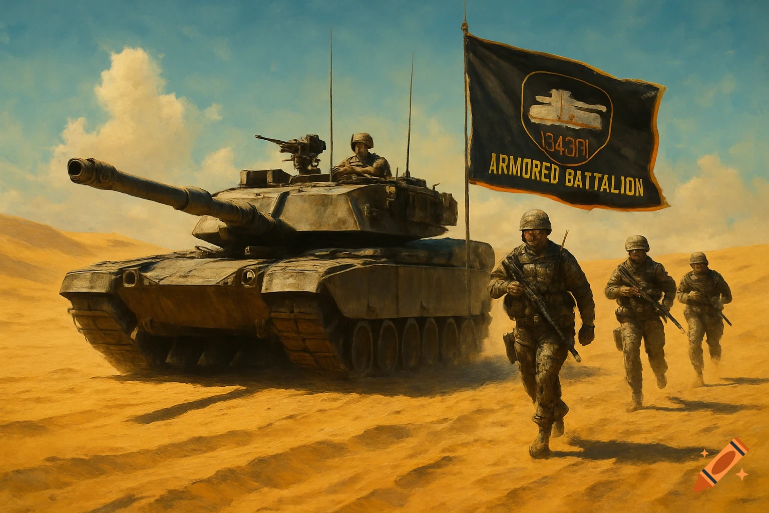 A tank and three soldiers in camouflage uniforms march across a vast desert under a partly cloudy sky, an armored battalion flag flying behind them.