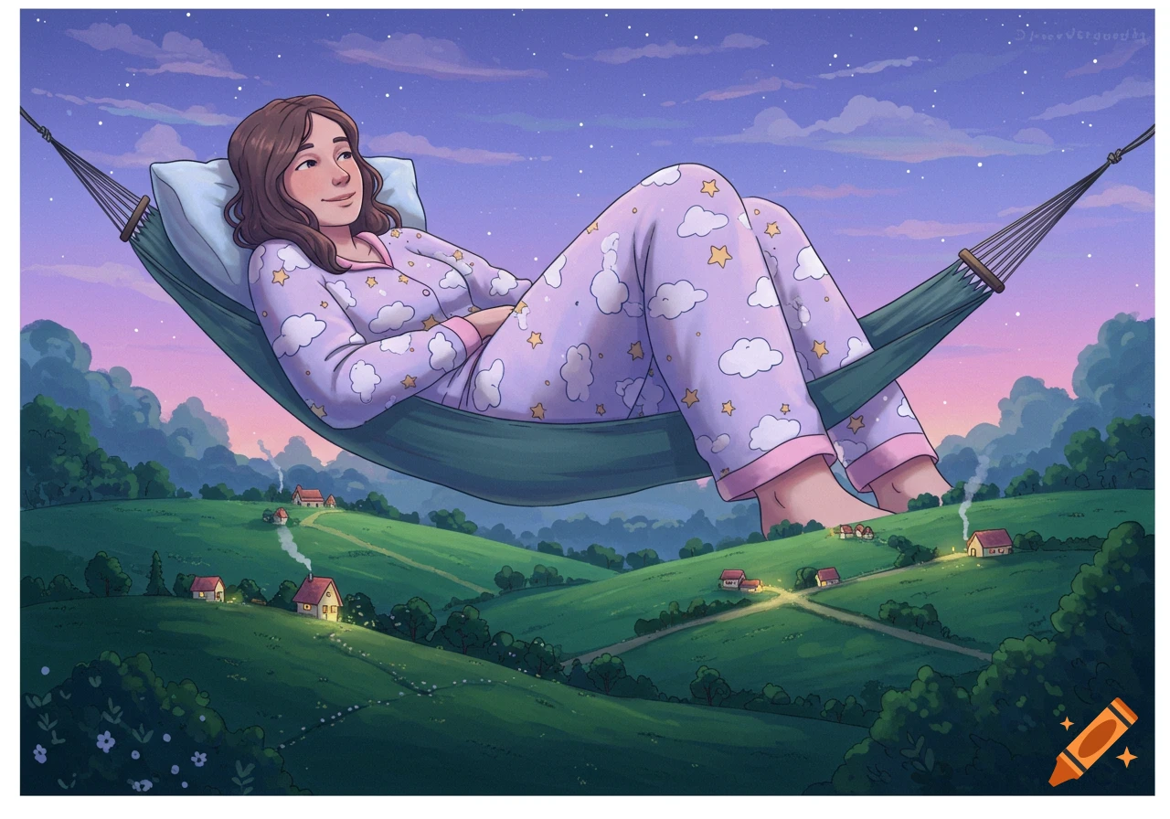 An illustration of a giant woman in pajamas relaxing in a hammock above a green landscape with houses under a starry twilight sky.