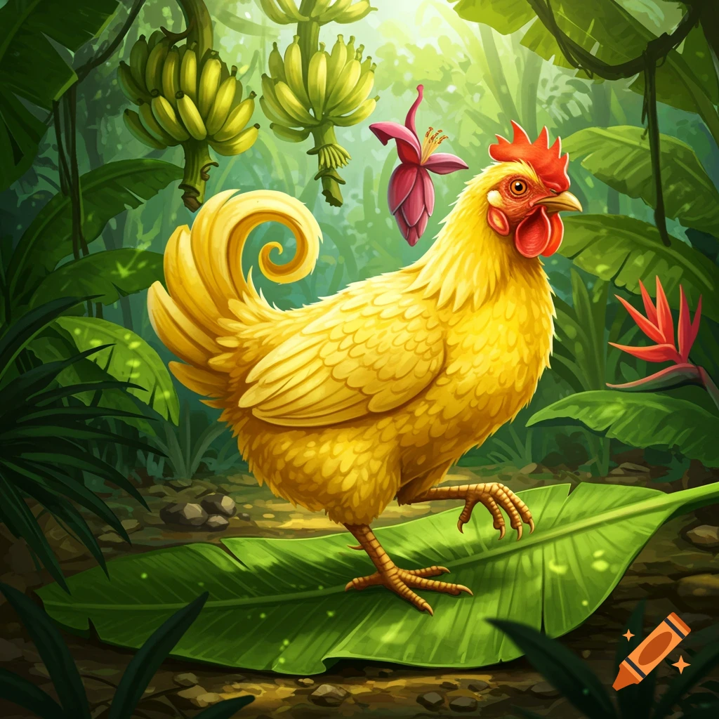 A vibrant yellow chicken with a red comb stands on a large green leaf in a lush jungle, with bananas hanging overhead in a cartoon style.