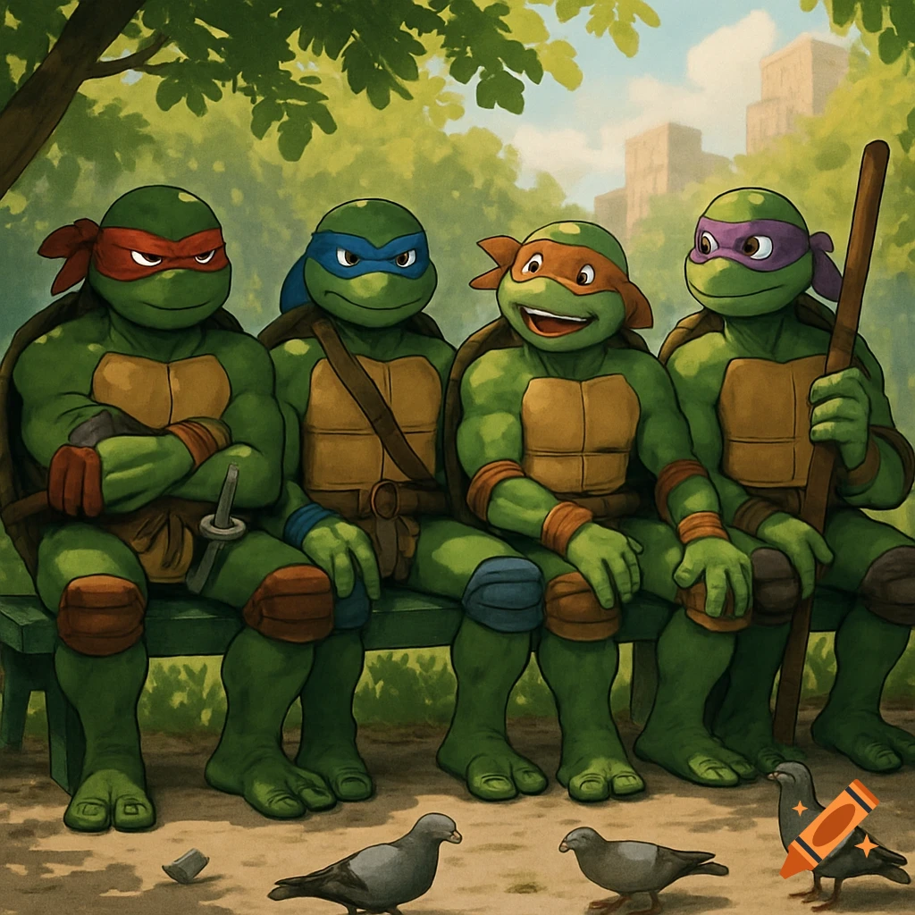 Four Teenage Mutant Ninja Turtles sit on a green park bench, looking at pigeons on the ground in a cartoon style.