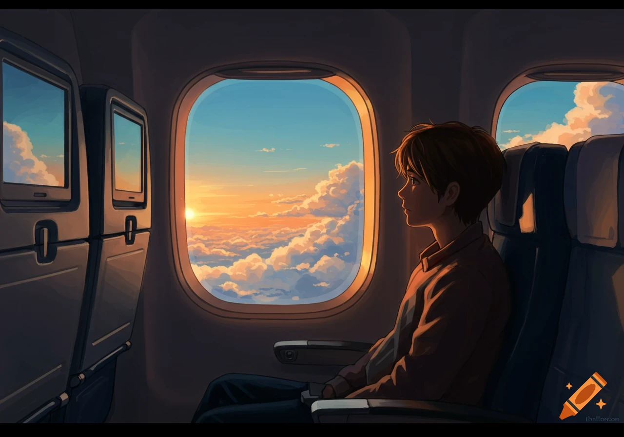 Anime-style illustration of a person sitting in an airplane, looking out the window at a vibrant orange and blue sunset over fluffy clouds.