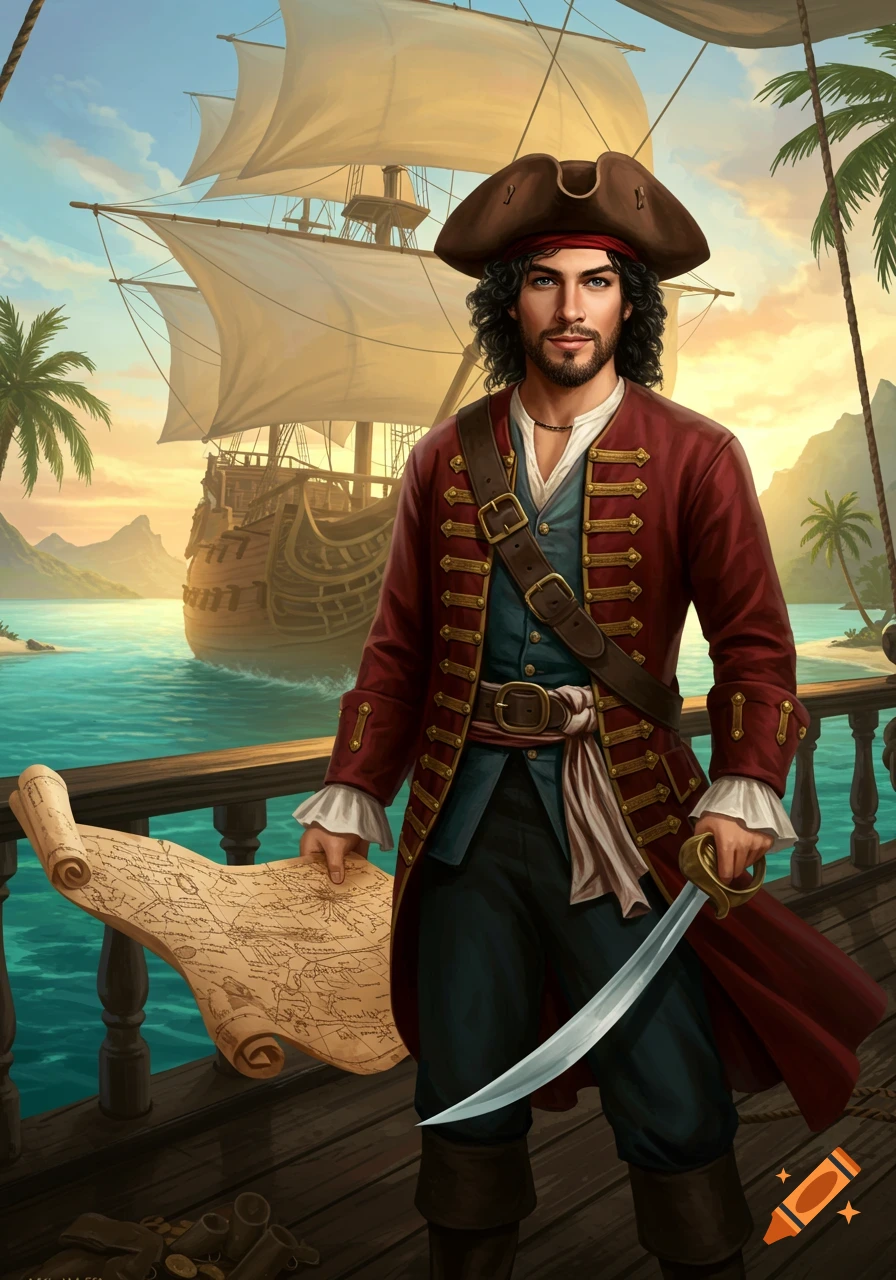 A young pirate captain in a red coat stands on a ship deck holding a map and sword, with a sailing ship and tropical islands in the background.