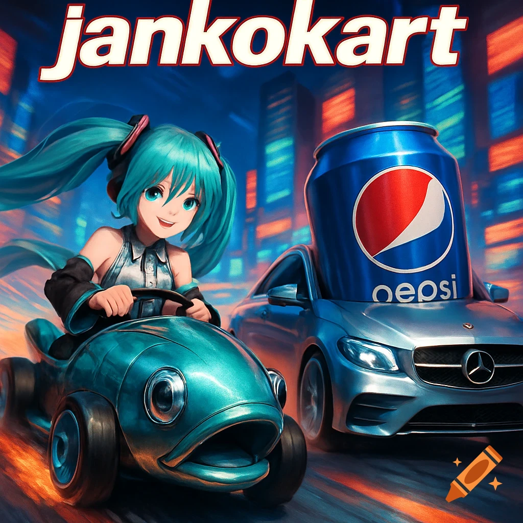 An anime character, Hatsune Miku, drives a fish-shaped kart next to a Mercedes car with a large Pepsi can on top, in a neon city street.