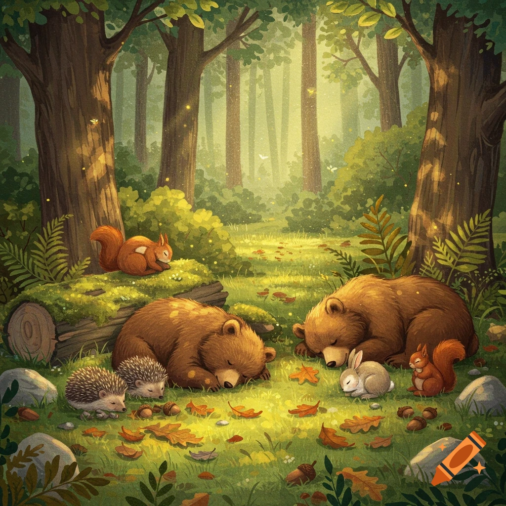 An illustration of bears, hedgehogs, squirrels, and a rabbit sleeping on a sunny forest floor.