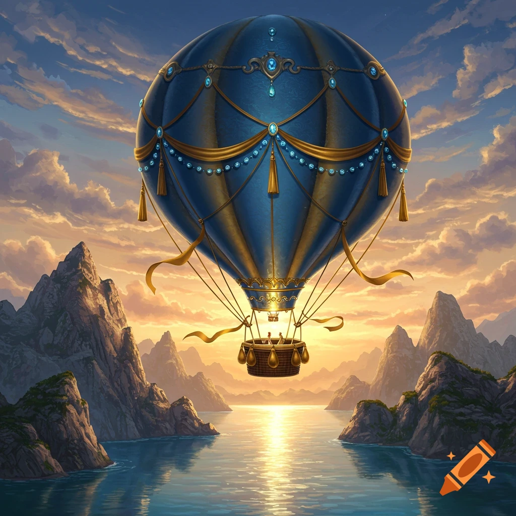 An ornate blue and gold hot air balloon with jewels and tassels floats above a body of water with mountains under a dramatic sunset sky.
