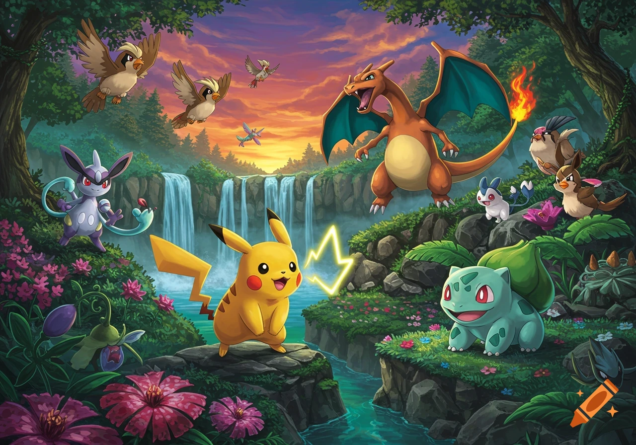 Pikachu, Charizard, Bulbasaur, and other Pokémon stand in a vibrant forest with waterfalls and flowers at sunset.