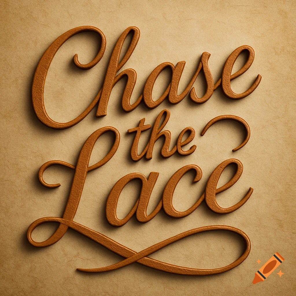 The words 'Chase the Lace' in a brown, textured 3D leather script font on a tan, textured background.