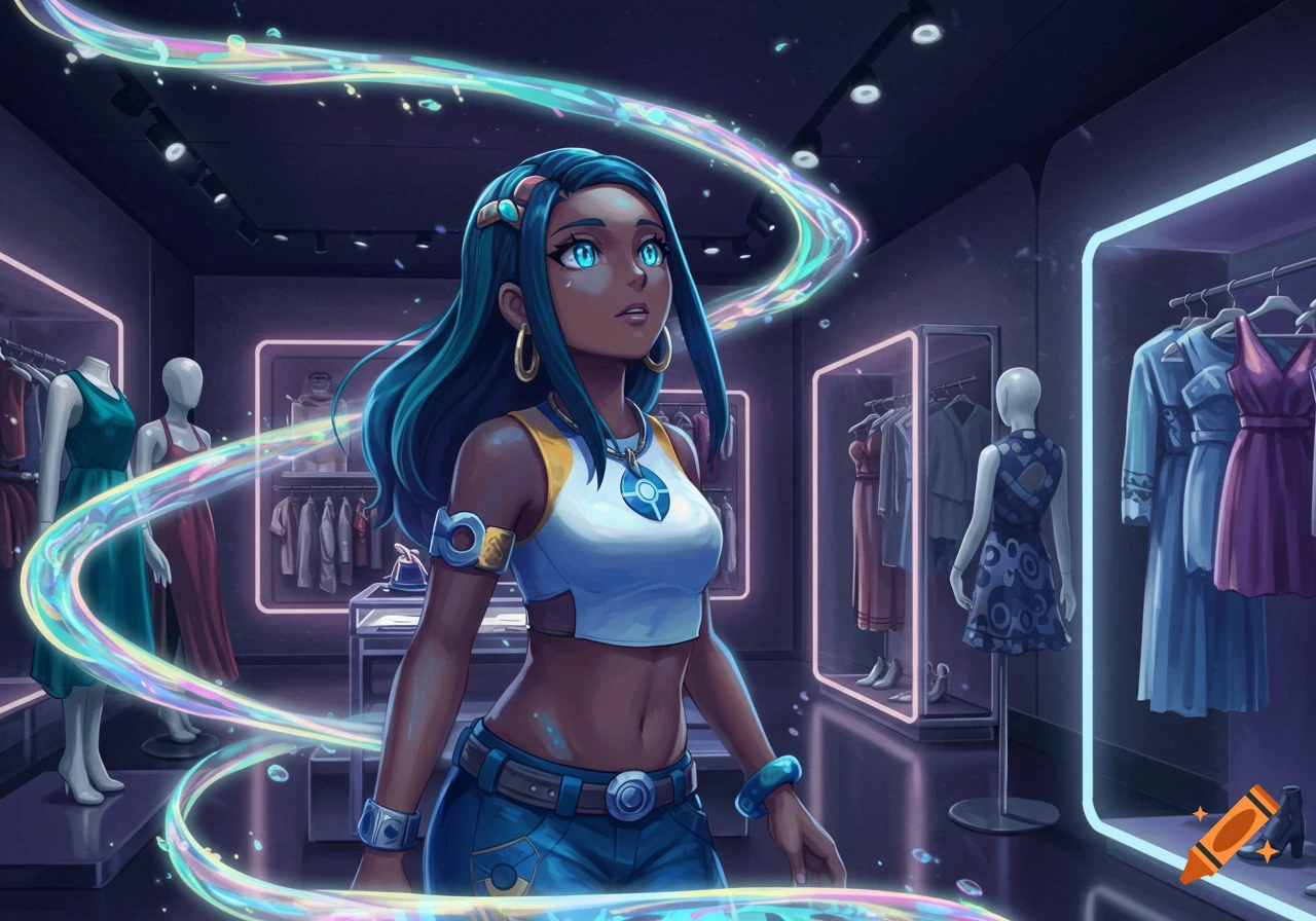 Anime-style illustration of Nessa from Pok mon in a vibrant, futuristic clothing store with glowing lights.