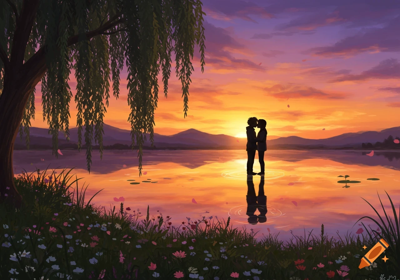 Two silhouetted figures kiss by a lake at sunset with mountains and a weeping willow, in a vibrant illustration.