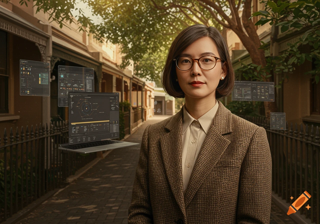 A woman in glasses and a tweed jacket stands on a city street, surrounded by floating holographic screens and a laptop.