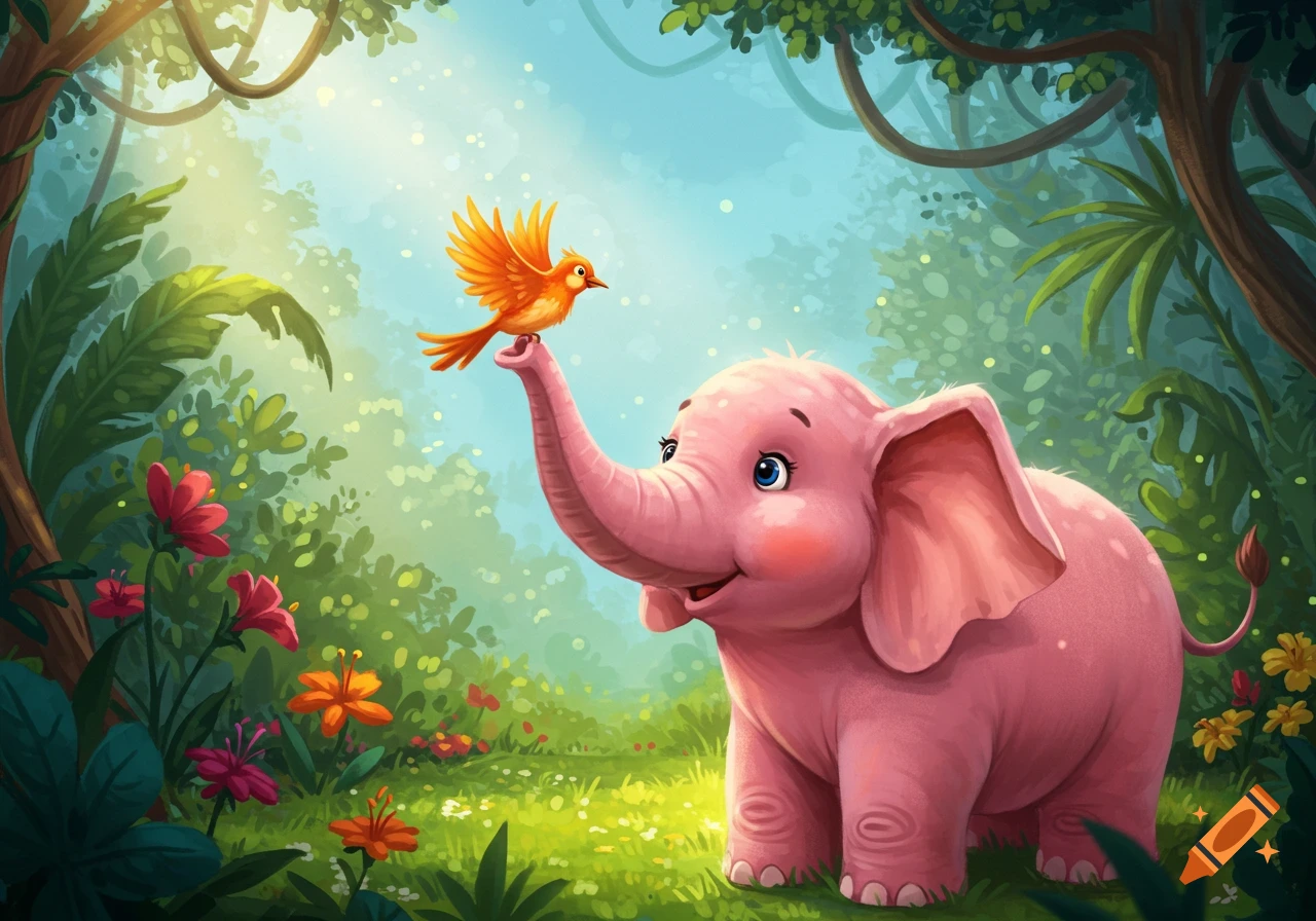 A cute pink elephant with a small orange bird on its trunk in a sunny, lush jungle with flowers.