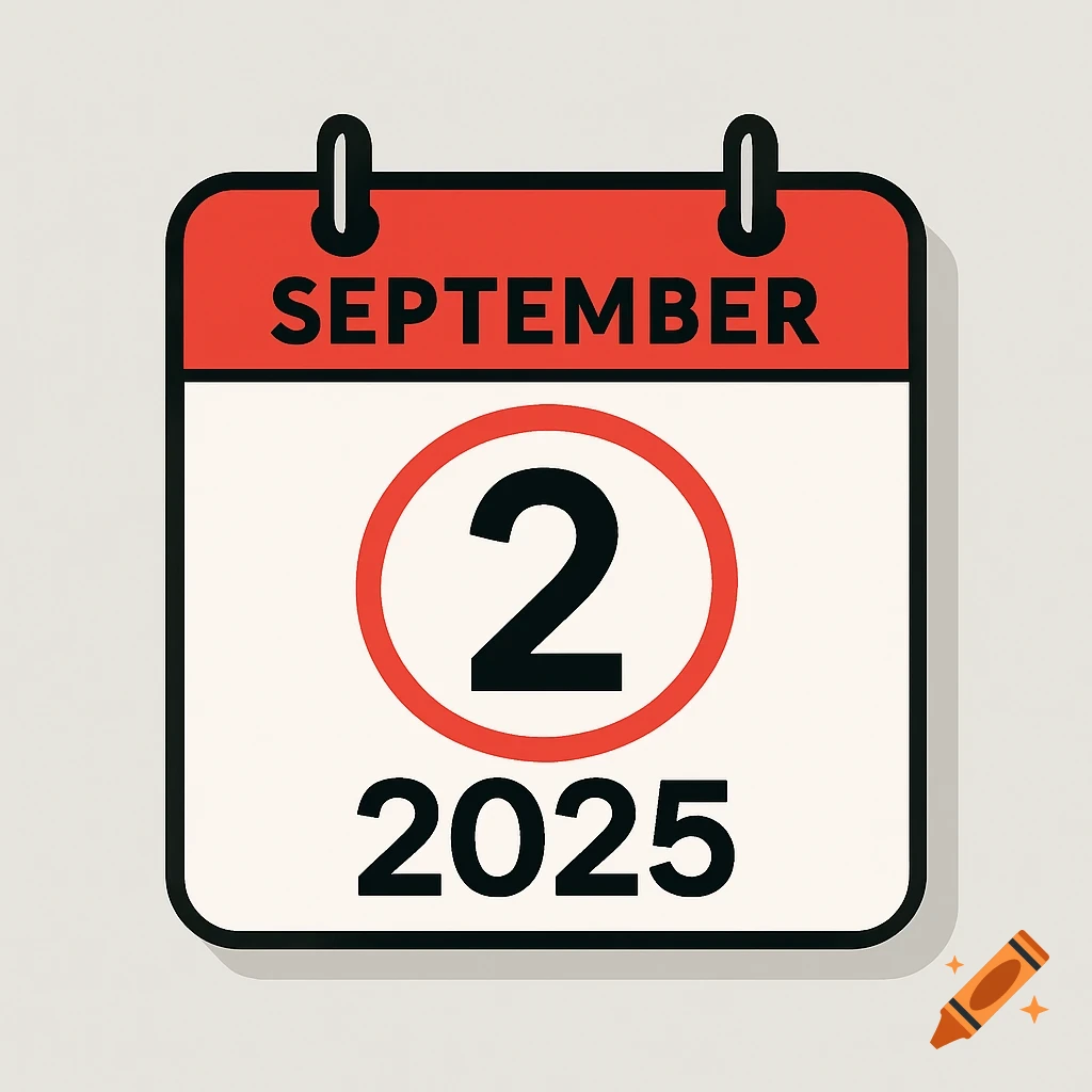 A clean, minimalist illustration of a red and white calendar page showing September 2, 2025 with the number 2 circled.