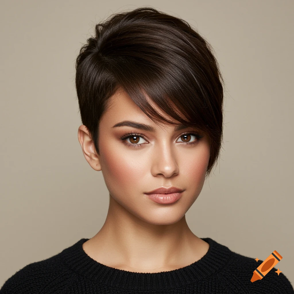 A photorealistic portrait of a young woman with dark brown pixie cut hair and brown eyes, wearing a black sweater.