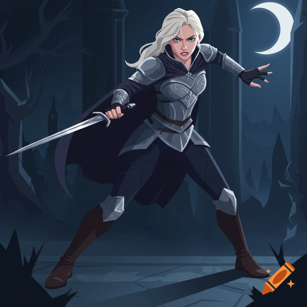 A stylized illustration of Celaena Sardothien, a female assassin in dark armor holding a sword, under a crescent moon.