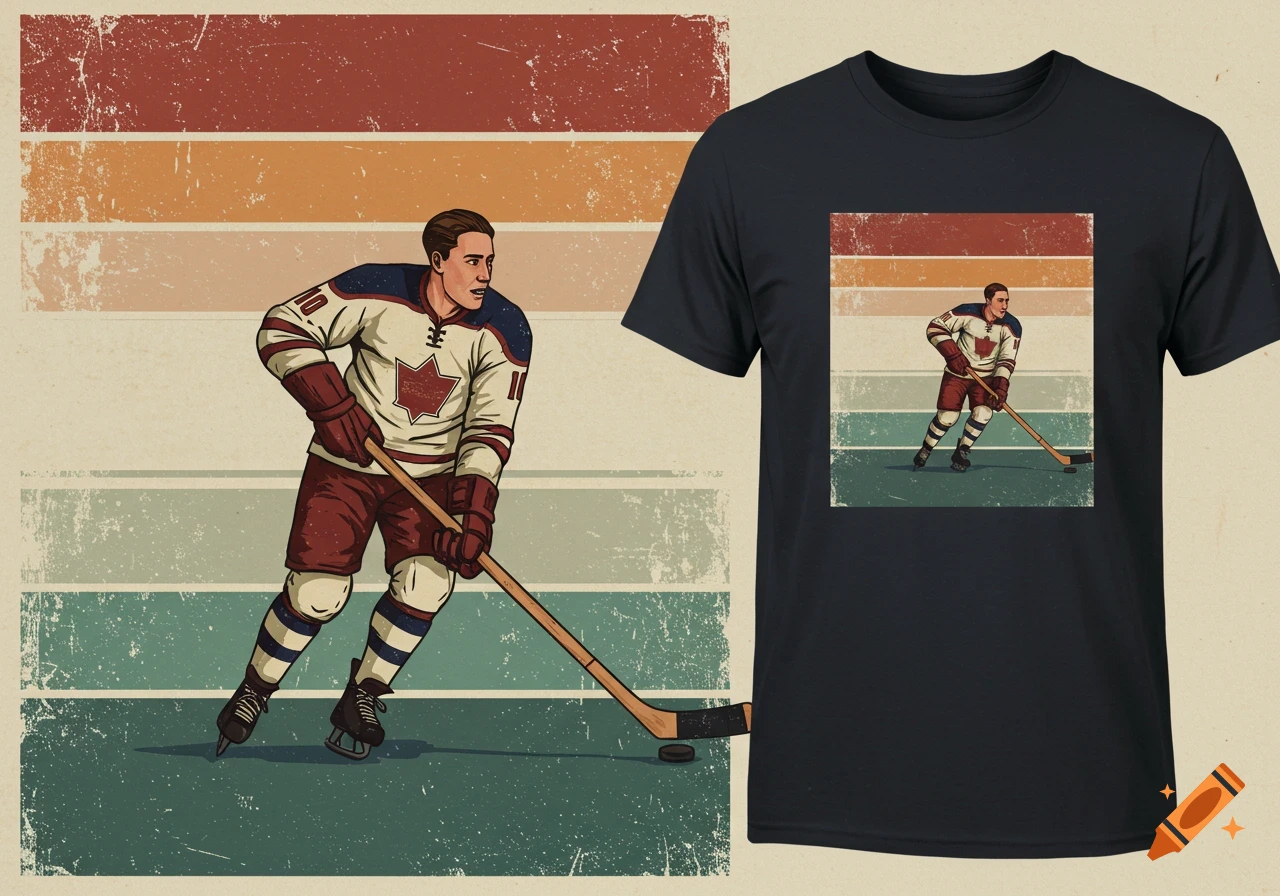 Vintage-style illustration of a hockey player in a white and red jersey on a striped background, featured on a black t-shirt.