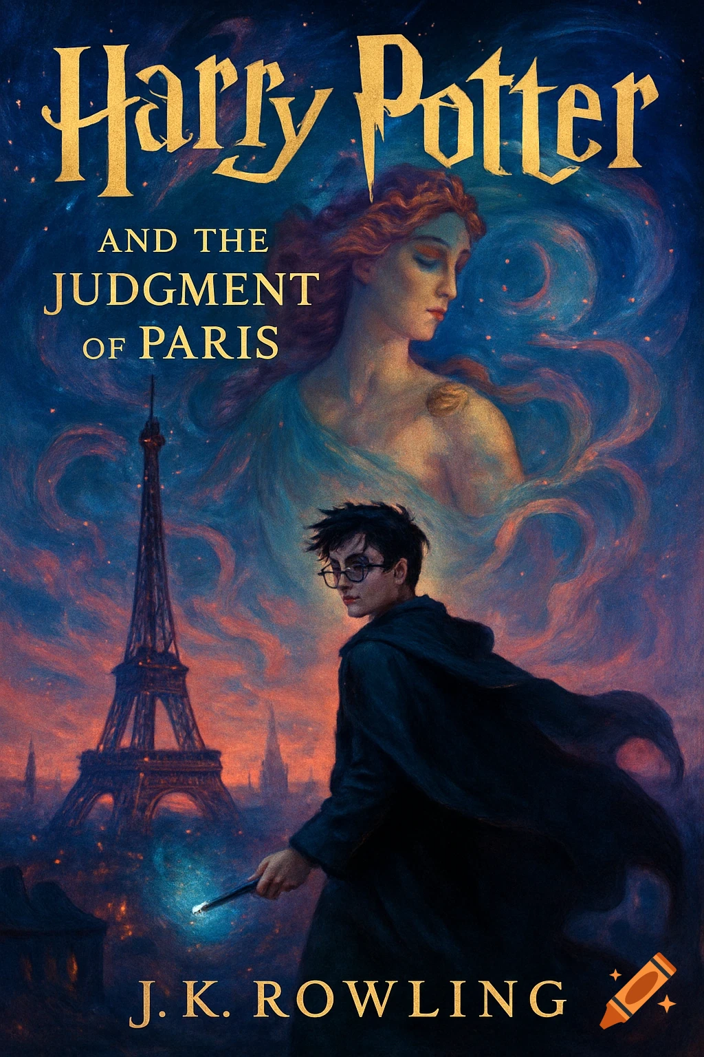 A painted book cover featuring Harry Potter with a wand, the Eiffel Tower, and a classical woman in a starry sky.