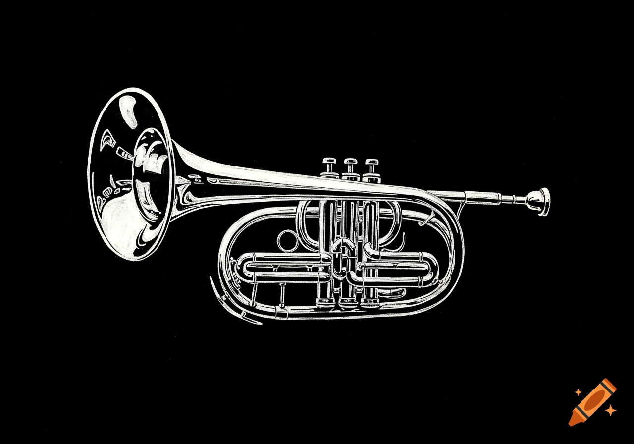 A white outline illustration of a mellophone on a black background.