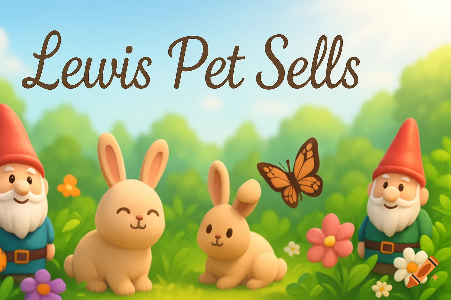 A cartoon garden scene with two happy bunnies, two garden gnomes, and a butterfly, with the text "Lewis Pet Sells" above.