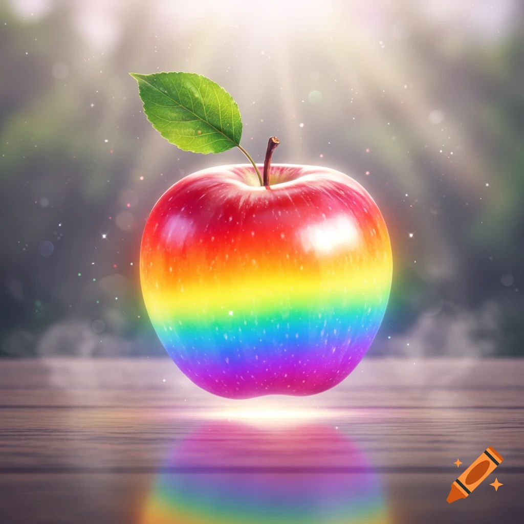 A vibrant rainbow-colored apple floats above a reflective wooden surface, bathed in magical light rays and sparkling particles.
