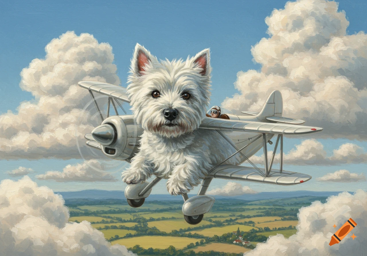 A fluffy white West Highland Terrier dog pilots a biplane through white clouds above a green landscape, in an oil painting style.