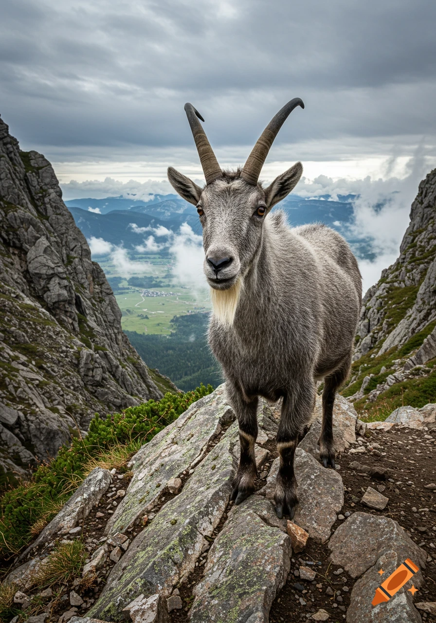 A photorealistic ibex stands on a rocky mountain peak, looking at the viewer. A valley and cloudy peaks are in the background.