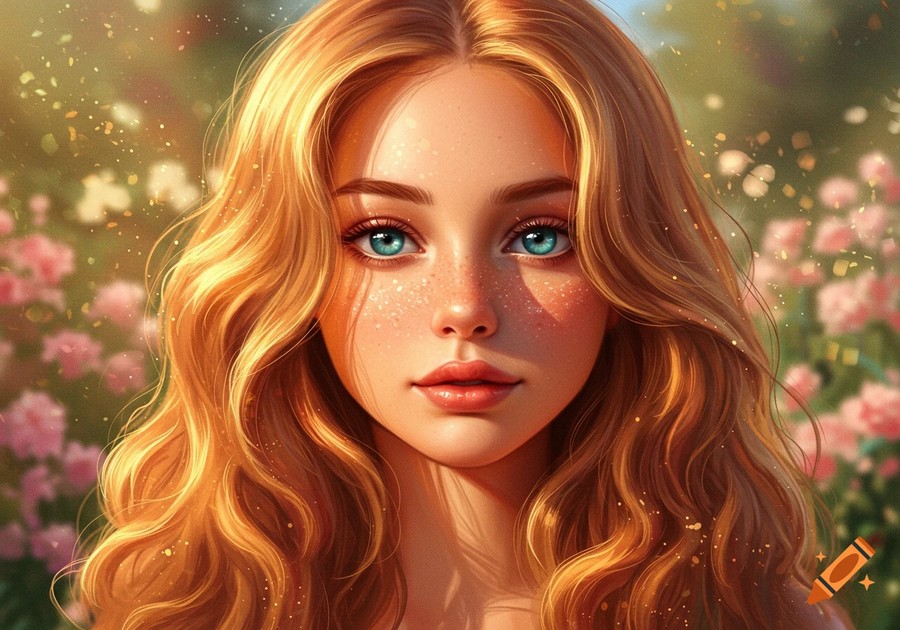 Close-up digital painting of a young woman with long blonde hair, blue eyes, and freckles, surrounded by glowing particles and blurred pink flowers.