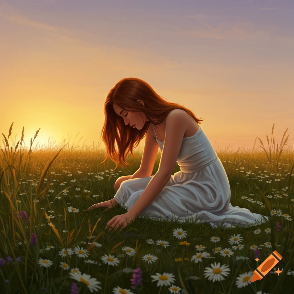 A woman with long red hair wearing a white dress sits in a field of white daisies under a golden sunset sky, depicted in a digital art style.