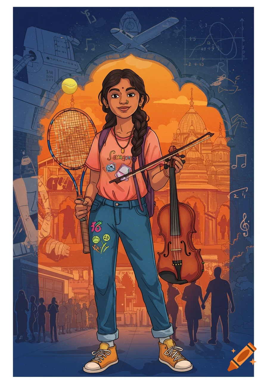 An animated illustration of a teenage girl holding a tennis racket and violin, with background elements representing aerospace, math, and Indian architecture.