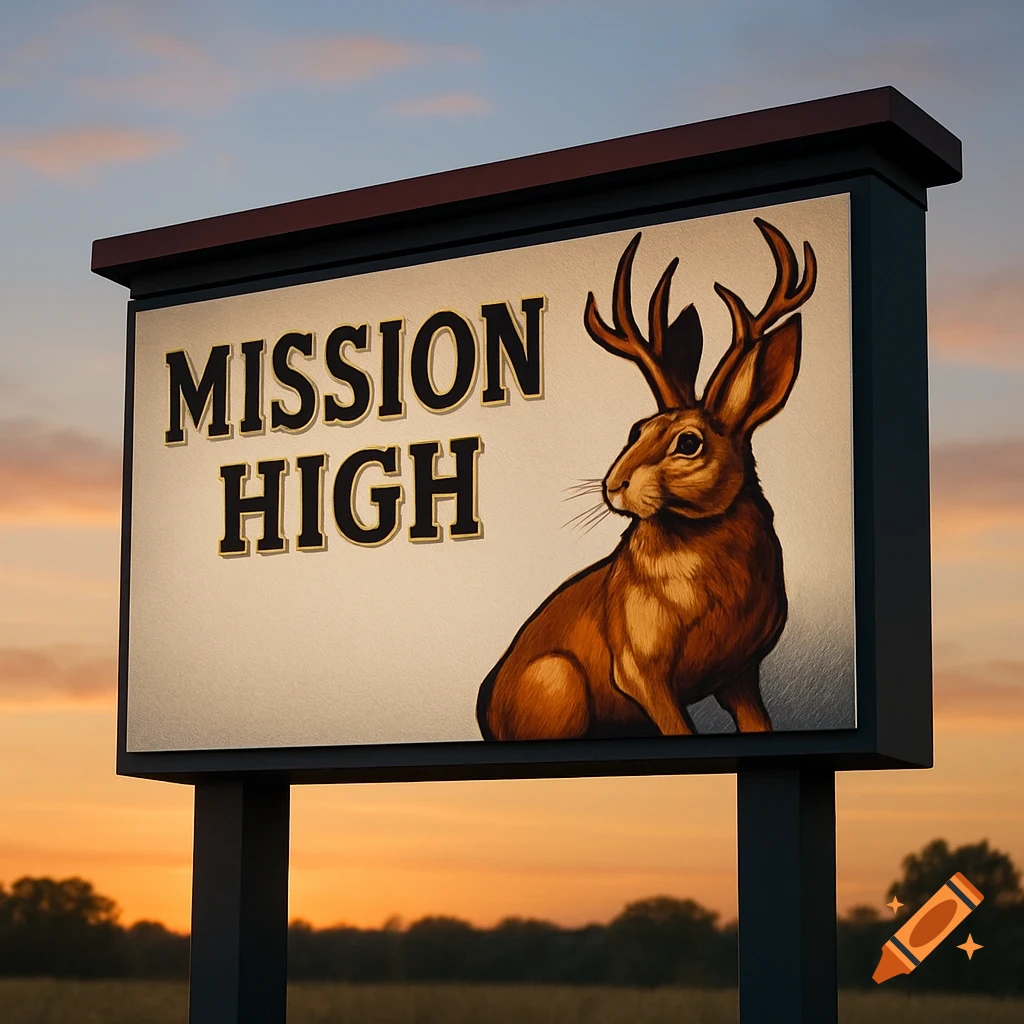 A school sign for Mission High, featuring a brown jackalope with antlers, set against an orange and blue sunset sky.