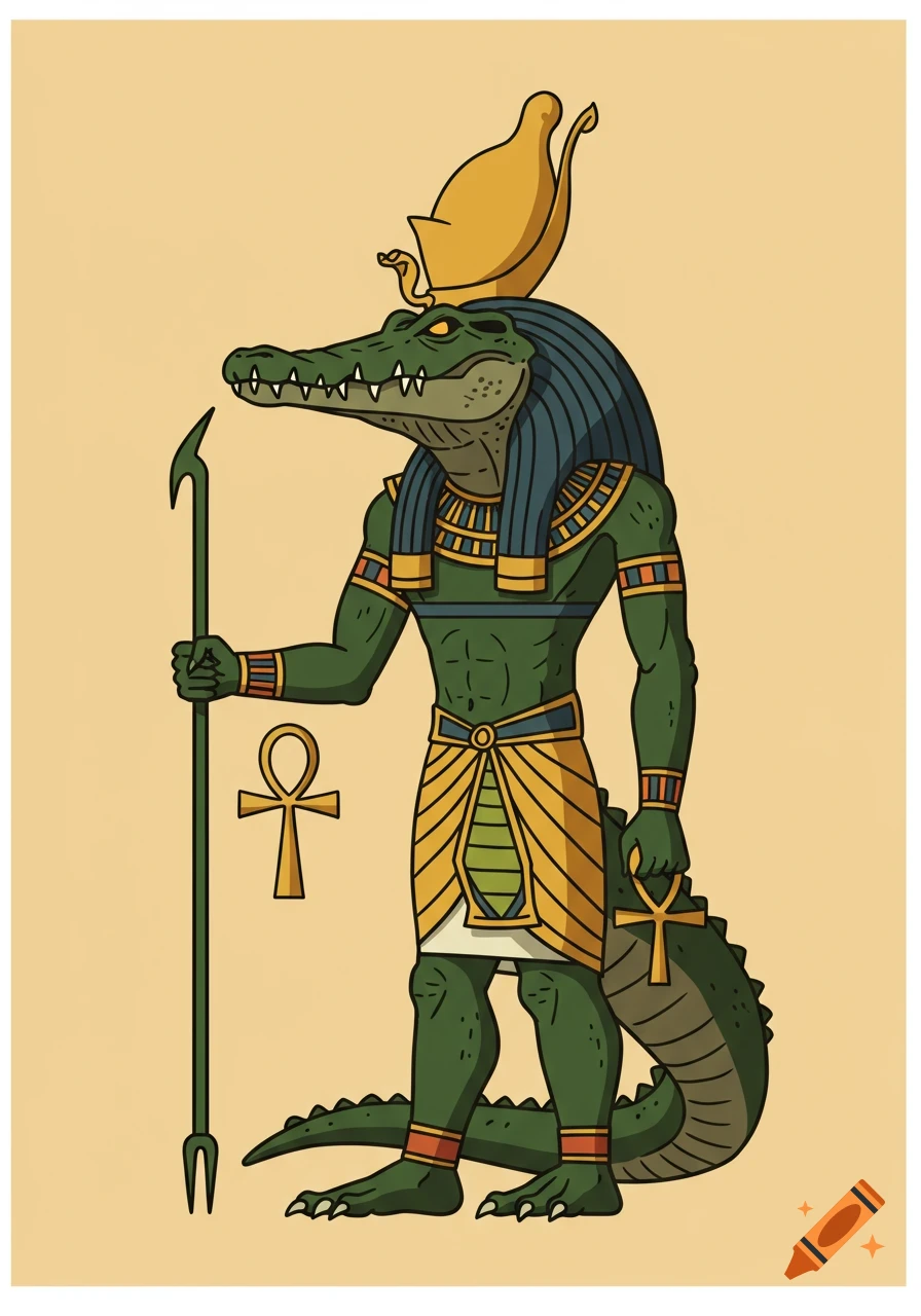An illustration of the Egyptian god Sobek, a standing crocodile-headed man in pharaonic attire, holding a staff and an ankh.