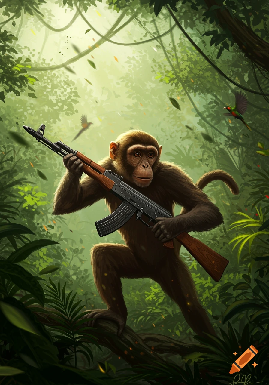 A chimpanzee holding an AK-47 rifle stands in a lush green jungle, in a stylized illustration.
