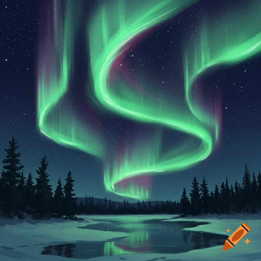 Green and purple northern lights illuminate a snowy winter landscape with a partially frozen lake and pine trees under a starry night sky.