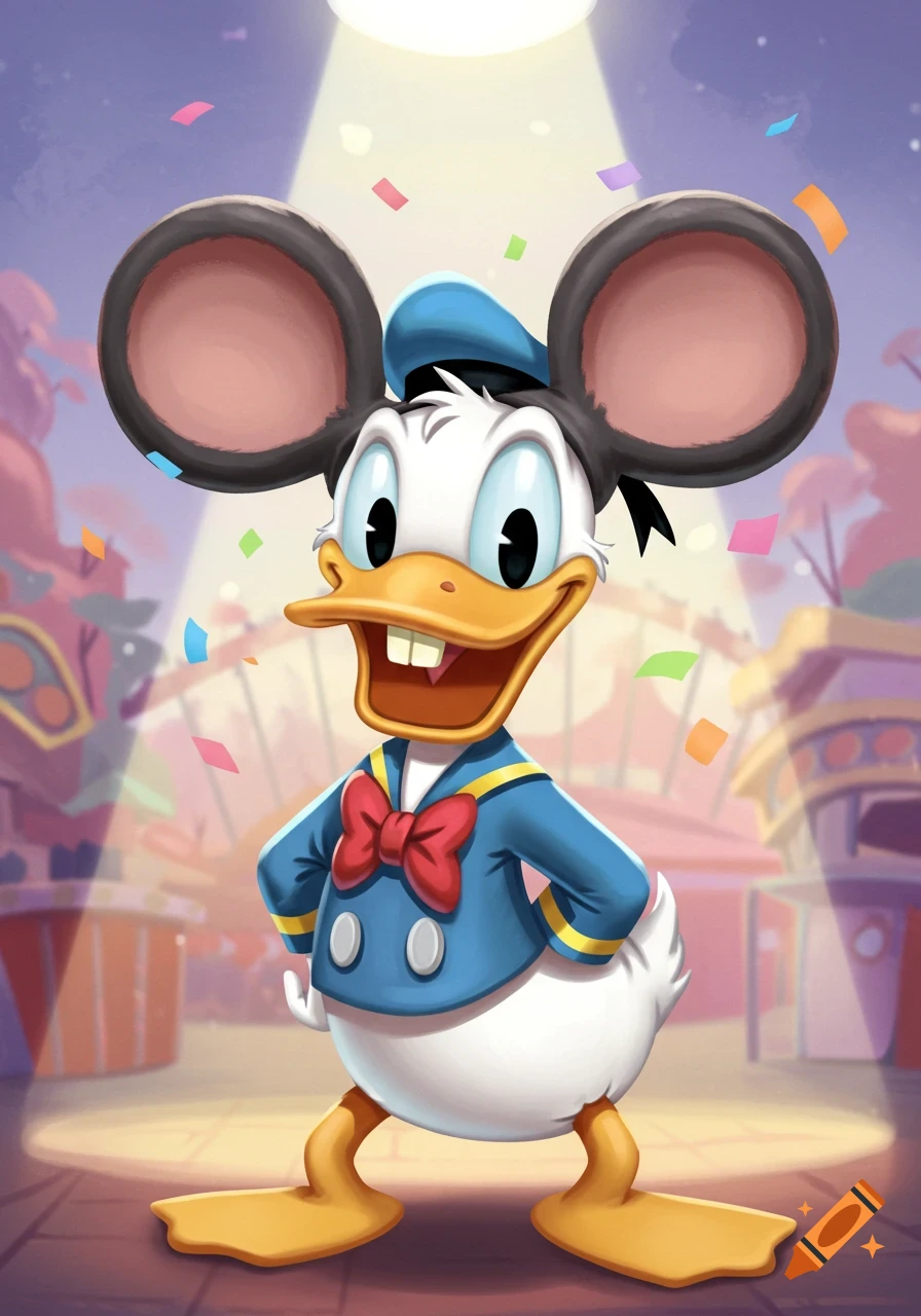 A happy Donald Duck cartoon wearing Mickey Mouse ears, smiling broadly under a spotlight with confetti.