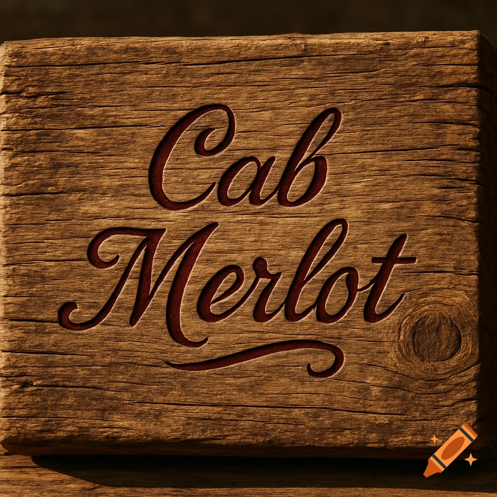A rustic, weathered wooden sign with the words 'Cab Merlot' carved into it in a fancy cursive font.